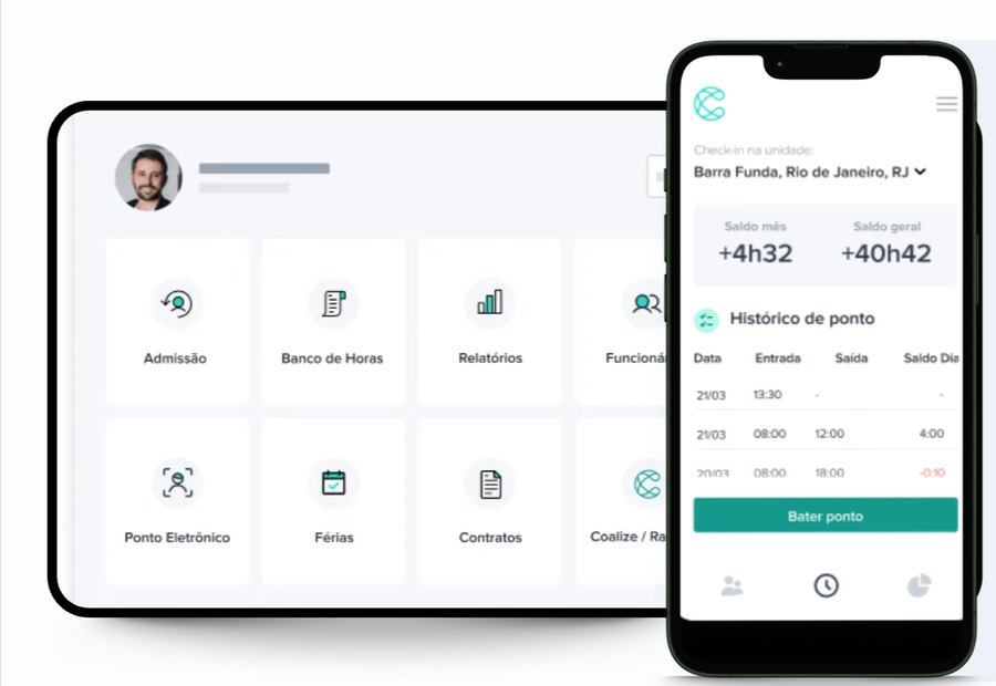 Aplicativo Coalize de ponto eletrônico exibido em tablet e celular