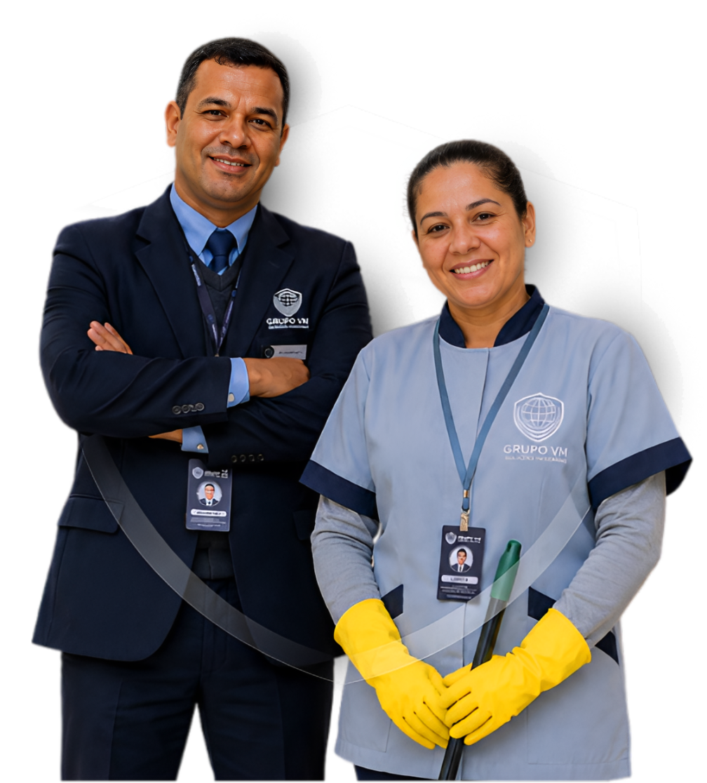 Profissionais do Grupo VM: supervisor e profissional de limpeza uniformizados
