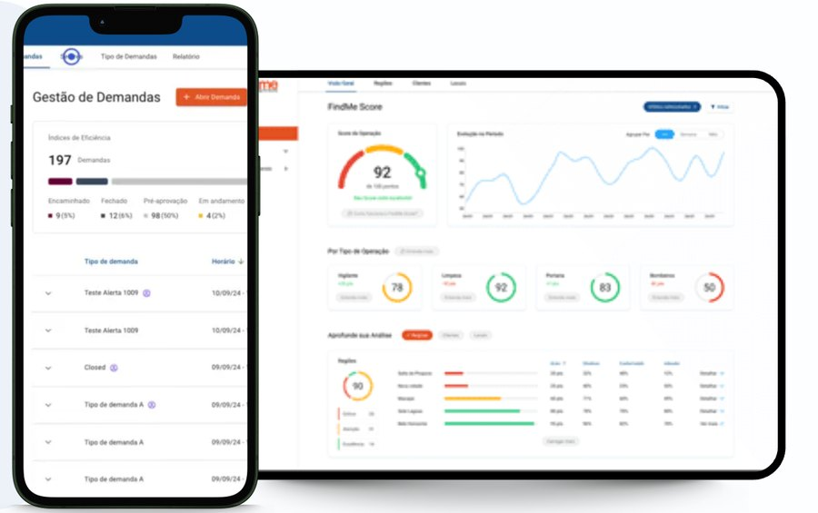 Plataforma findme de gestão de demandas exibida em celular e tablet