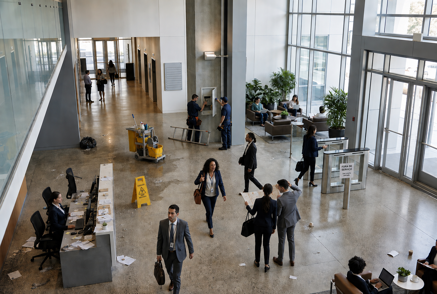 Hall corporativo amplo com recepção, colaboradores circulando e equipes de manutenção e limpeza em atividade
